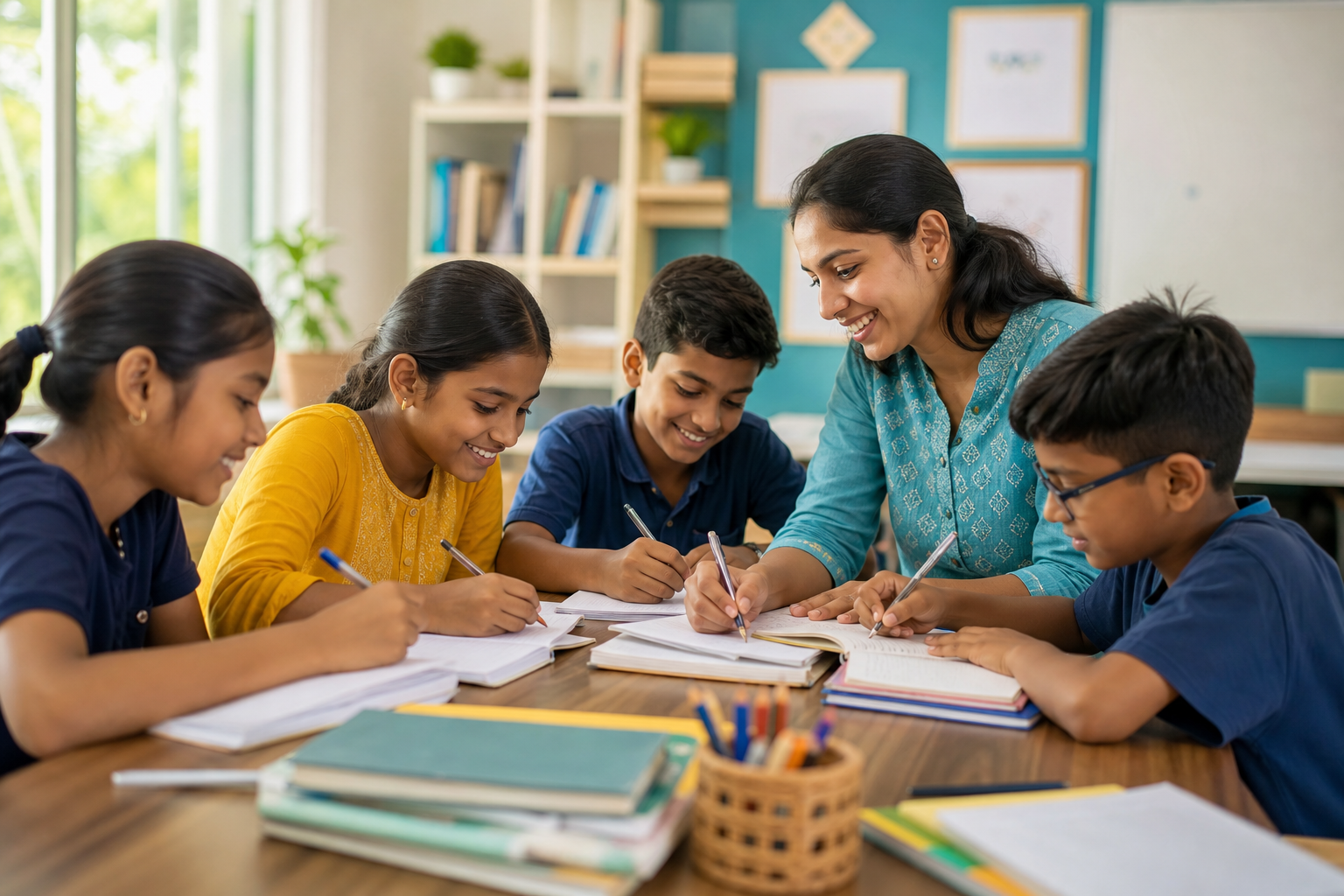 Children studying with support from a mentor